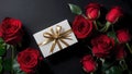 Red roses scattered on a dark surface and a white gift box Royalty Free Stock Photo