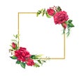 Red roses, square golden border. Watercolor frame with flowers, wild grass and gold Royalty Free Stock Photo