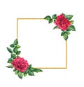 Red roses, square golden frame. Watercolor card with flowers and wreath