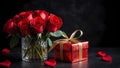 Red roses in a vase and red gift box with ribbon on a dark background Royalty Free Stock Photo