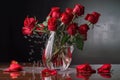 red roses in vase, with water trickling down their petals