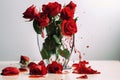 red roses in vase, with water trickling down their petals