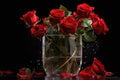 red roses in vase, with water trickling down their petals