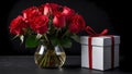 Red roses in a vase and white gift box with red ribbon on a dark table Royalty Free Stock Photo