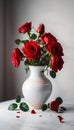 Red roses vase on white table light background