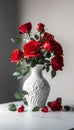 Red roses vase on white table light background