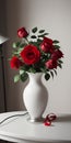 Red roses vase on white table light background