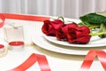 Red Roses on white background. Romantic composition for Valentine`s Day, Anniversary, Events. Place for text Royalty Free Stock Photo