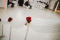 Red roses and white fabric decorating the railing for the wedding ceremony and banquet Royalty Free Stock Photo