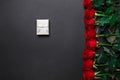 Red roses and white gift box on black background, with copy space Royalty Free Stock Photo