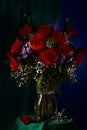 Red roses, white gypsophila and lilac asters in a glass vase. Royalty Free Stock Photo