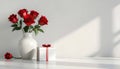 Red roses in white vase with gift box on white table, creating romantic and elegant atmosphere. Generative AI Royalty Free Stock Photo