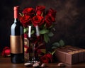 red roses wine bottle with glass and chocolate box.