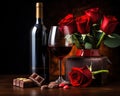 red roses wine bottle with glass and chocolate box.