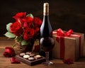 red roses wine bottle with glass and chocolate box.