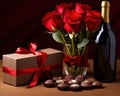 red roses wine bottle with glass and chocolate box.