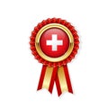 Red rosette with Switzerland flag in gold badge, Swiss award Royalty Free Stock Photo