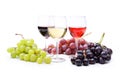 White, red and rosÃÂ© wine with bunches of grapes on white background.