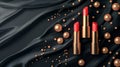 Red rouge and liquid gloss tubes on black silk draped fabric background with gold pearls. Luxury promo poster for Royalty Free Stock Photo