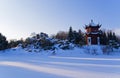 Red Round Chinese Pavilion In Winter