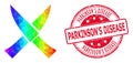 Round Textured Parkinson'S Disease Badge With Vector Lowpoly Crossing Knives Icon with Rainbow Gradient