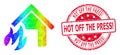 Round Distress Hot Off the Press! Seal with Vector Triangle Filled House Fire Disaster Icon with Rainbow Gradient Royalty Free Stock Photo