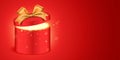 Red round gift box with golden ribbon and shining glitter light. Holiday surprise gift vector banner Royalty Free Stock Photo