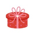 Red round gift box, vector icon. Cute closed container with polka dots, bow, holiday ribbon, heart. Surprise for Royalty Free Stock Photo