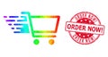 Round Rubber Order Now! Stamp Seal With Vector Lowpoly Shop Cart Icon with Spectral Colored Gradient