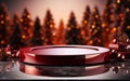 a red round podium dais with presents around it on a table with blurry Christmas tress in the background for premium showcase of