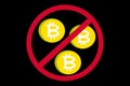 Red round prohibition bitcoin sign on black background