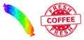 Round Rubber Fresh Coffee Stamp Seal with Vector Polygonal Sausage Icon with Spectral Colored Gradient