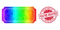 Round Distress You'Re Invited Stamp with Vector Polygonal Ticket Frame Icon with Rainbow Gradient