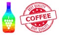 Round Scratched Best Quality Coffee Stamp Seal With Vector Lowpoly Wine Bottle Icon with Spectral Colored Gradient