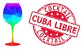 Round Distress Cocktail Cuba Libre Seal with Vector Triangle Filled Wine Glass Icon with Rainbow Gradient