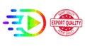 Round Scratched Export Quality Stamp with Vector Polygonal Play Function Icon with Spectrum Gradient