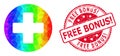 Round Scratched Free Bonus! Stamp With Vector Polygonal Medical Cross Icon with Rainbow Gradient