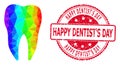 Round Scratched Happy Dentist'S Day Stamp Seal With Vector Lowpoly Dental Tooth Icon with Spectrum Gradient