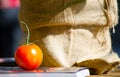 Red round single tomato putting on a book with brown sack at the background. Royalty Free Stock Photo