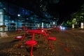 Red round tables at Kunsthaus Graz art museum in Graz