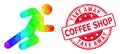 Round Grunge Take Away Coffee Shop Stamp Seal with Vector Lowpoly Running Man Icon with Spectral Colored Gradient