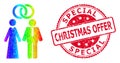 Round Rubber Special Christmas Offer Badge With Vector Lowpoly Marriage Persons Icon with Rainbow Gradient