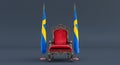 Red royal chair on a dark background betwin two flags, Sweden flag state symbol, flag of Sweden hanging on a flag pole