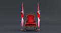 Red royal chair on a dark background betwin two flags, united kingdom flag state symbol, flag of UK hanging on a flag pole Royalty Free Stock Photo