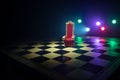 Red royal chair miniature on wooden table. Medieval Throne on chessboard. Chess board game concept of business ideas and