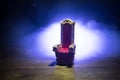 Red royal chair miniature on wooden table. Place for the king. Medieval Throne Royalty Free Stock Photo