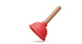 A red rubber plunger with a wooden handle is depicted against a white background. Royalty Free Stock Photo