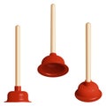 Red rubber plunger with wooden handle for pipe cleaning, at three positions Royalty Free Stock Photo