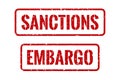 Red rubber print of Embargo and Sanctions text with dirty texture. Embargo and Sanctions stamp