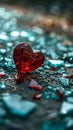 Red ruby heart around broken glass, smudged background. Heart as a symbol of affection and Royalty Free Stock Photo